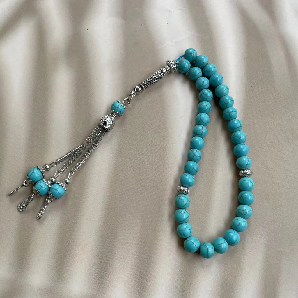 Handmade Muslim worship bracelet with sky blue 8mm stone beads for daily prayer counting