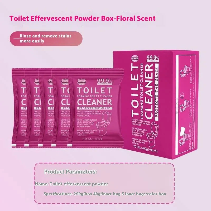 Toilet bubble powder cleaner in blue or pink fragrance, in a 240g bag or box of 40g sachets.