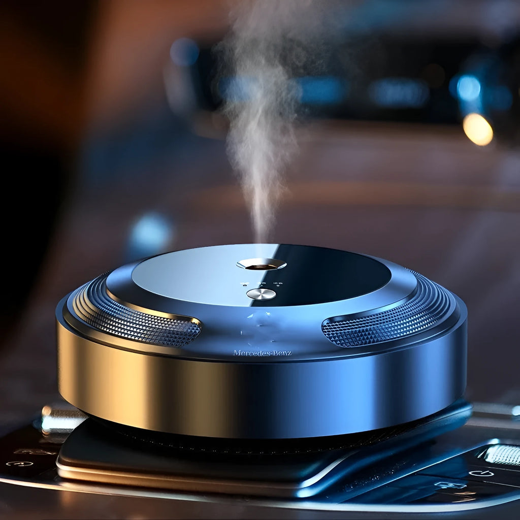 Car fragrance diffuser with zinc alloy shell and automatic spray mechanism measuring 89mm by 35mm