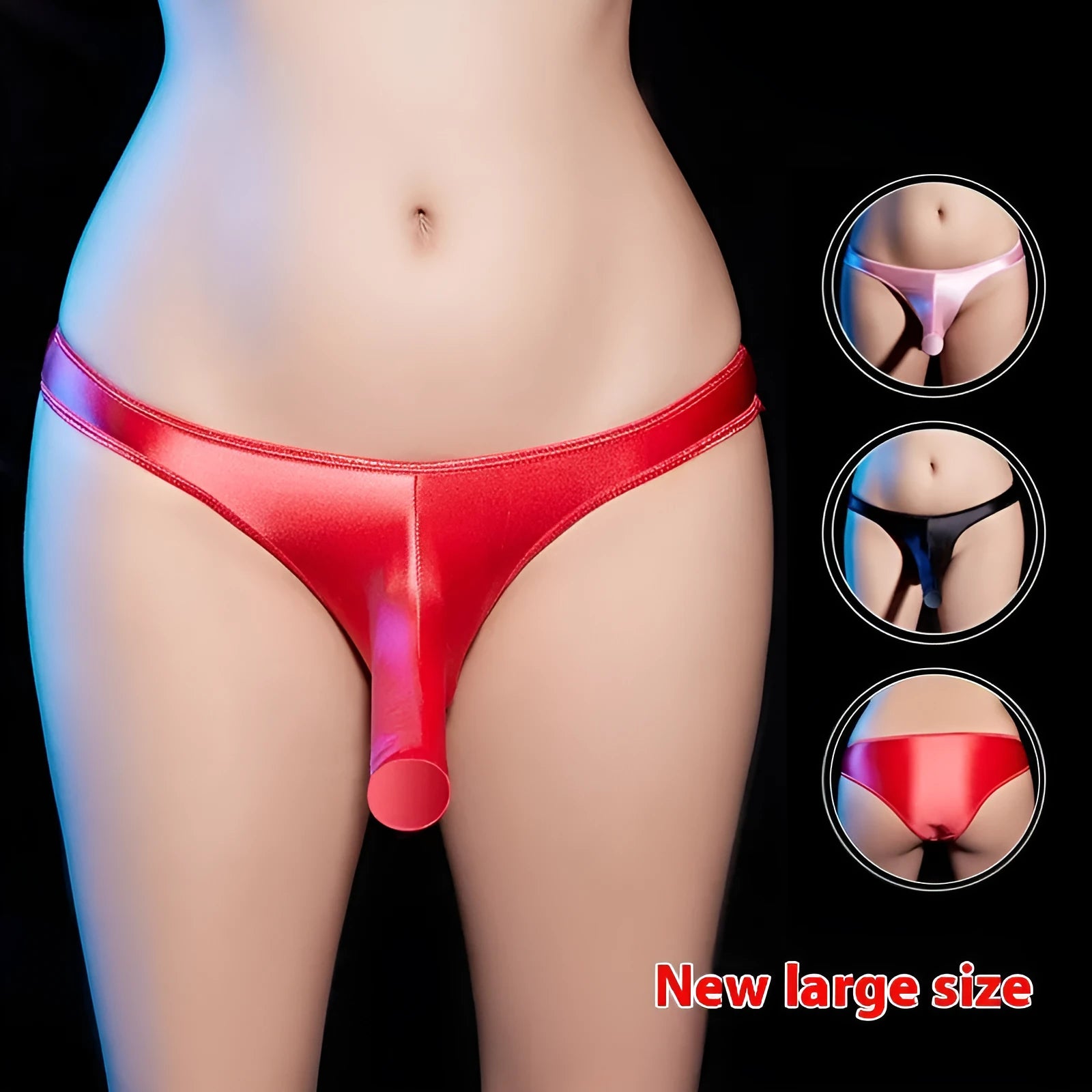 Men's low waist T-back underwear in shiny nylon fabric on a colour swatch showing black, grey, red, pink, and white.