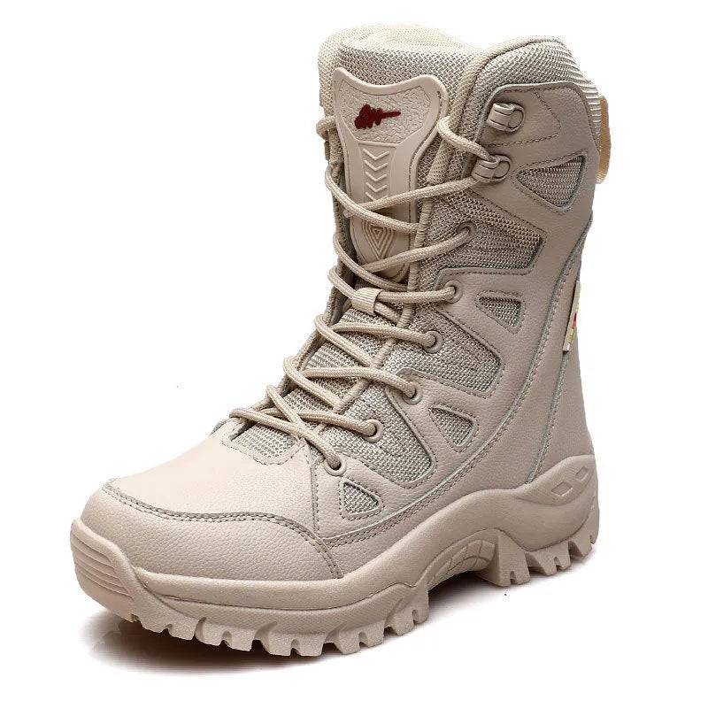 Cowhide leather hi-top hiking shoes in black brown beige colours