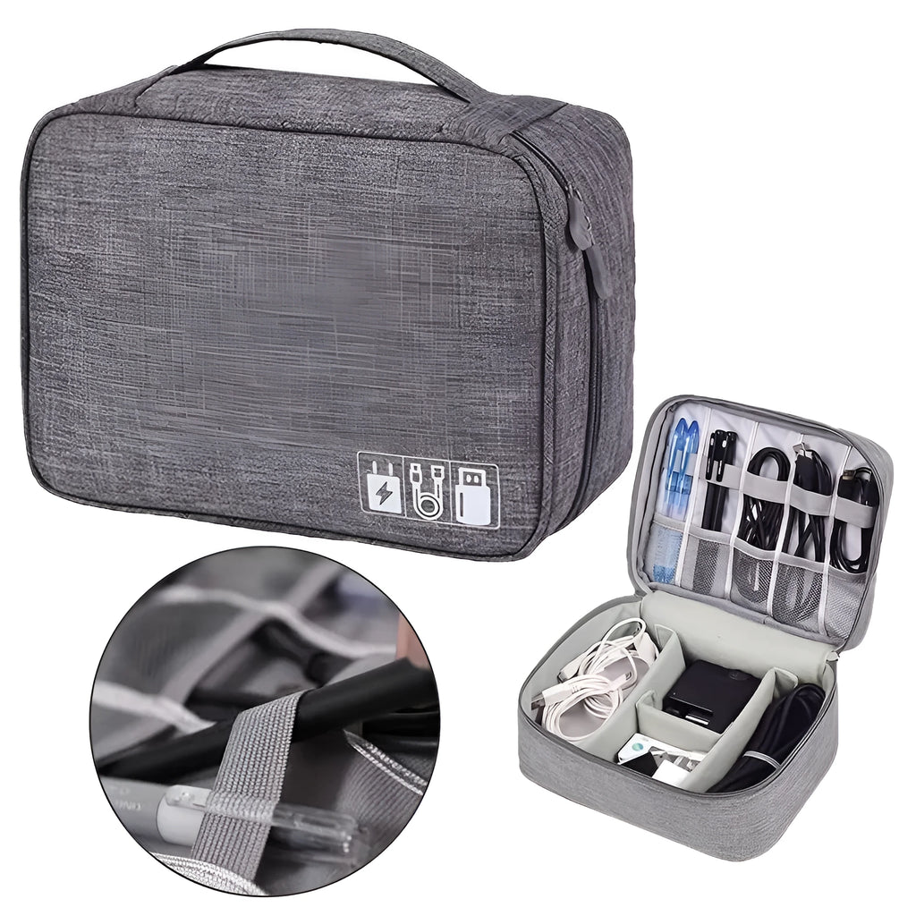 Black waterproof electronic cable organiser bag open to show mesh pockets, elastic loops, and removable padded dividers.