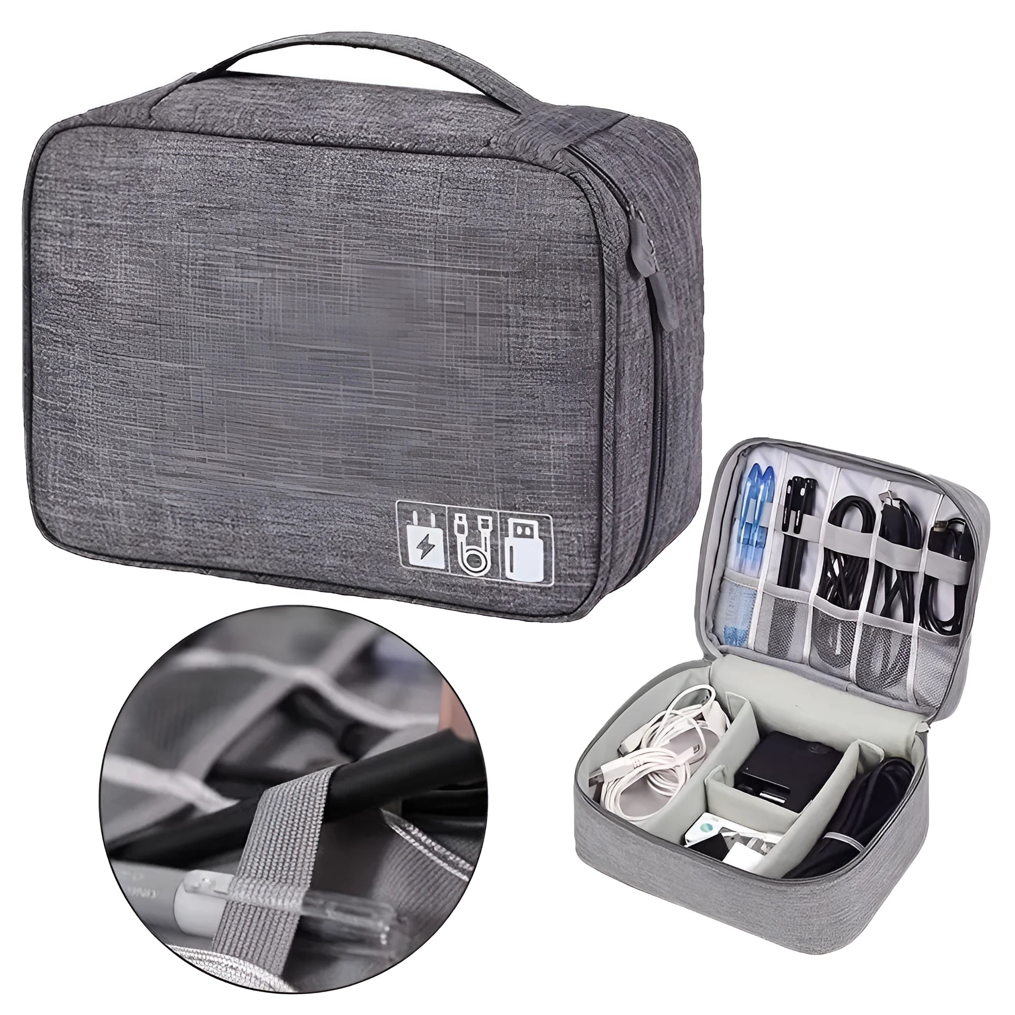Black waterproof electronic cable organiser bag open to show mesh pockets, elastic loops, and removable padded dividers.