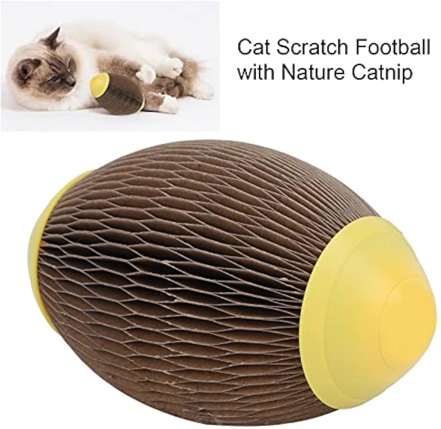 Elliptical corrugated paper catnip football toy with removable cover for catnip insertion