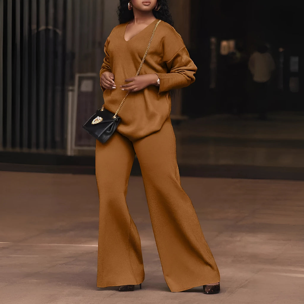 Women's brown thickened suede two-piece suit with split sleeves and matching trousers