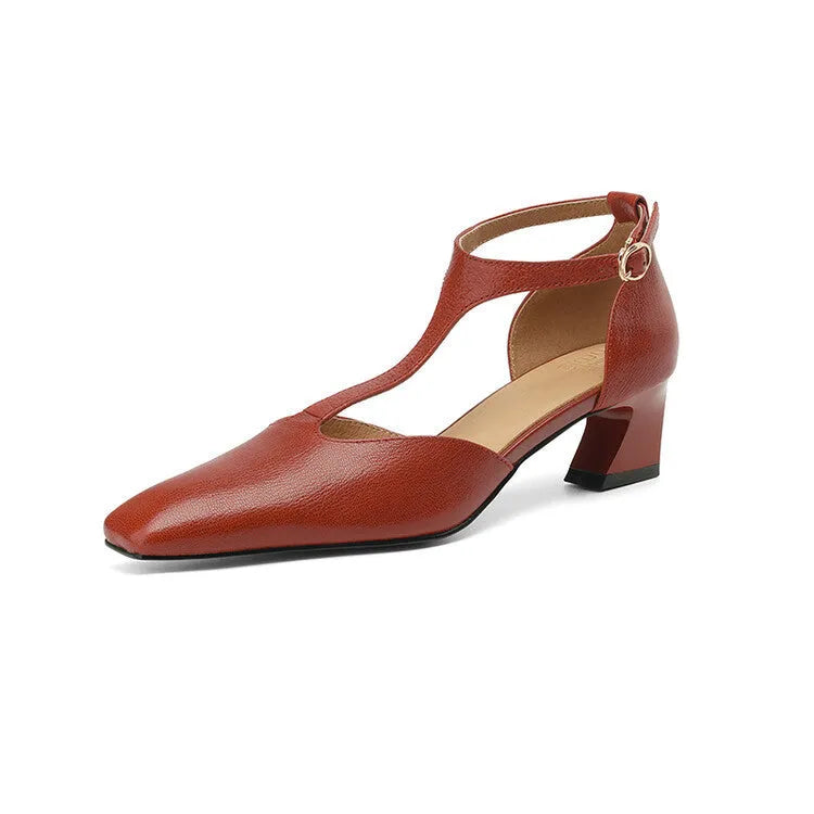 Women's wine red square toe chunky heel shoes with a buckle strap, made from sheepskin leather.