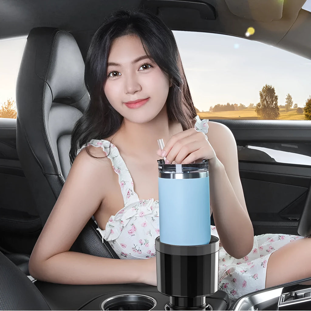 Matte black car cup holder expander with adjustable base for large bottles and cups