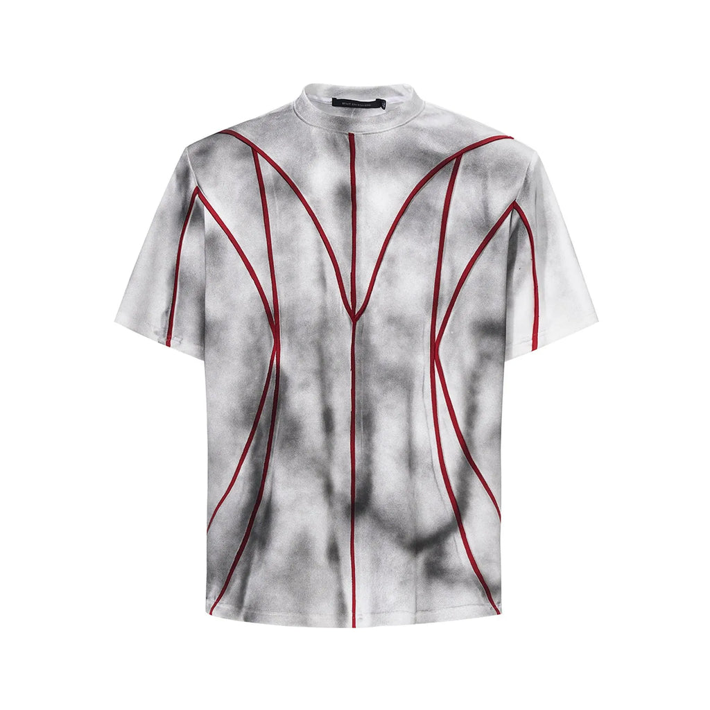Women's short sleeve t-shirt with padded shoulders and textured line patchwork detail on a round neck.