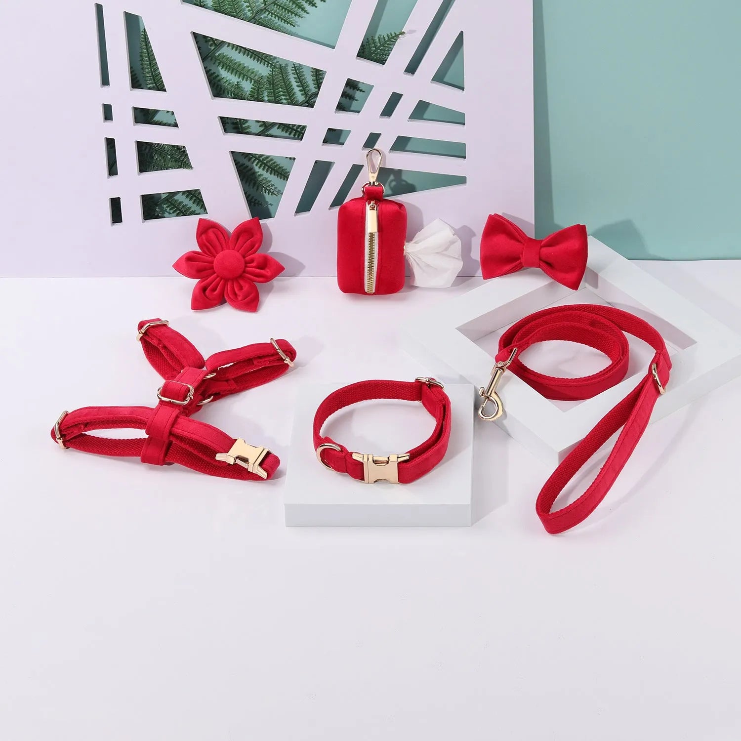 Velvet pet collar and traction rope set with chest strap and bow tie accessory