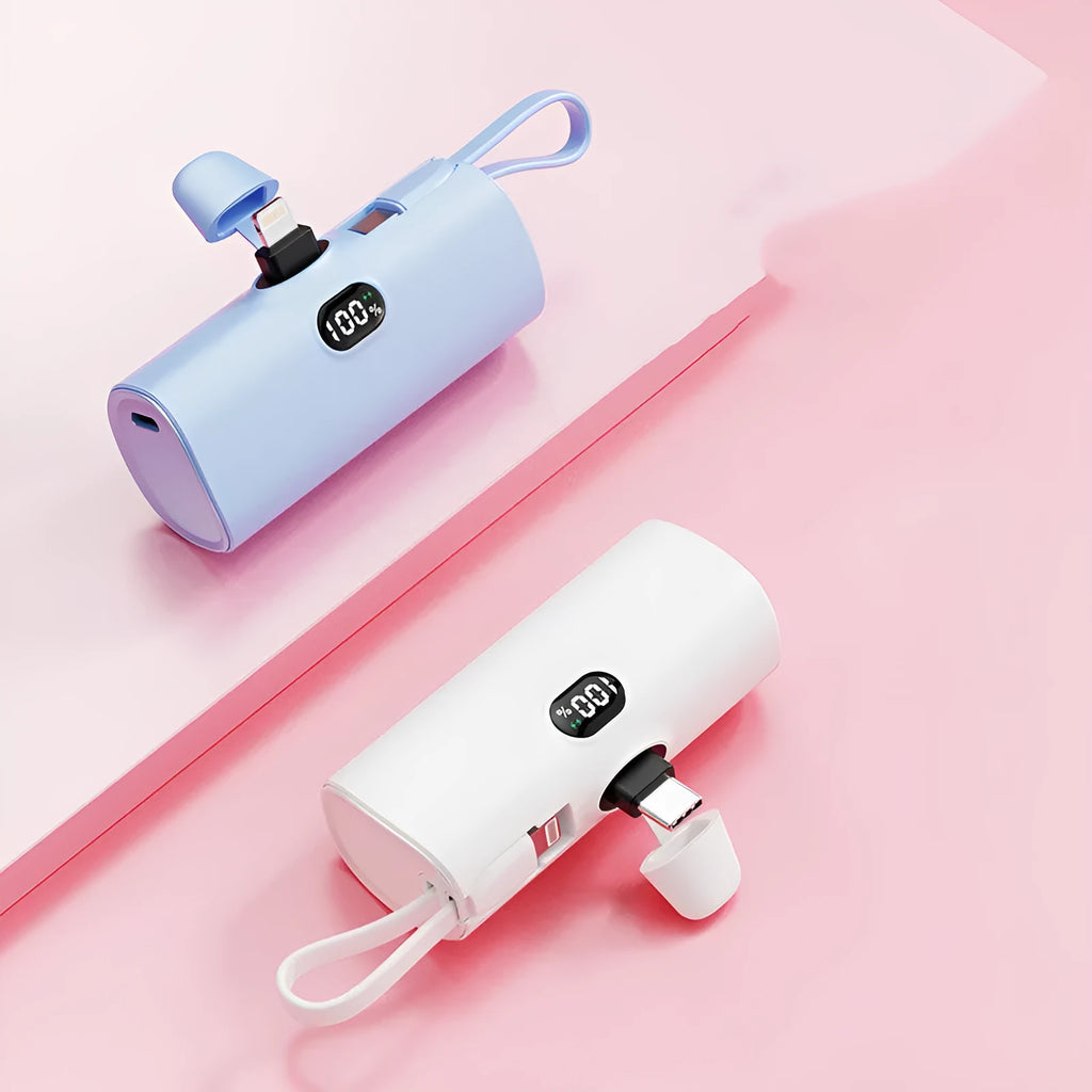 Wireless pocket power bank with digital display and built-in plug in multiple colours