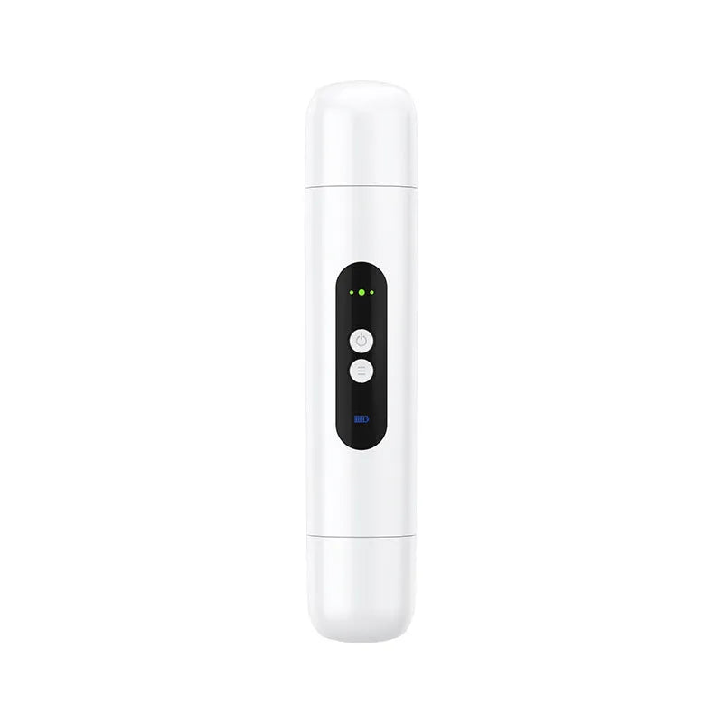 White portable electric armpit hair trimmer with USB cable on pink background
