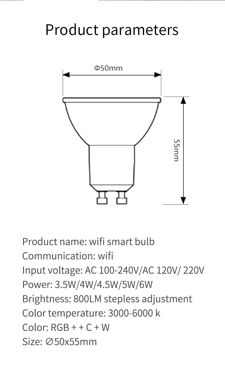 Smart GU10 RGBCCT LED spotlight with compact 50x55mm dimensions and Wi-Fi connectivity