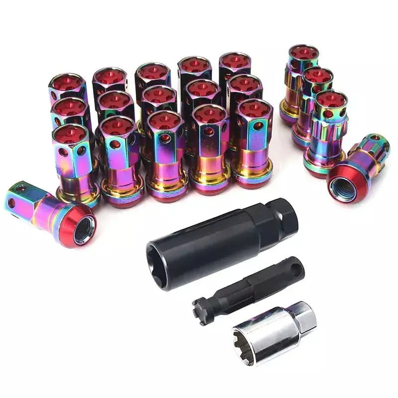 Set of aluminium alloy universal flat head wheel hub nuts in various colour options including red, blue, gold, purple, and black combinations.