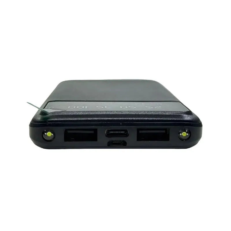 Black ultra-thin 10000mAh power bank with fast charging, showing compact 67x14x140mm dimensions