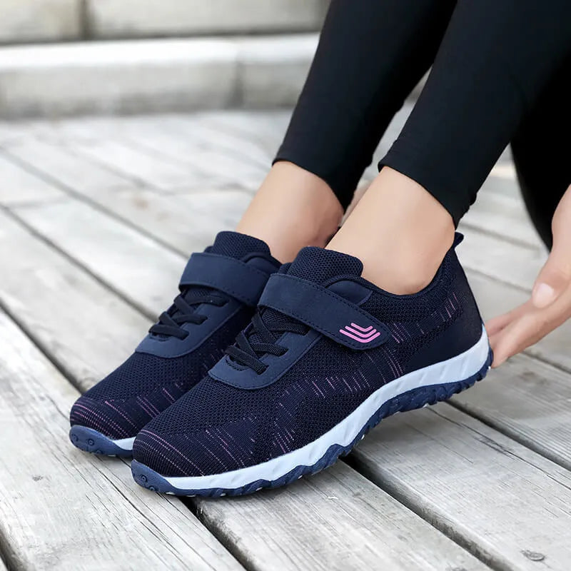 Women's low top wedge heel shoes with mesh upper and Velcro fastening in four colour options