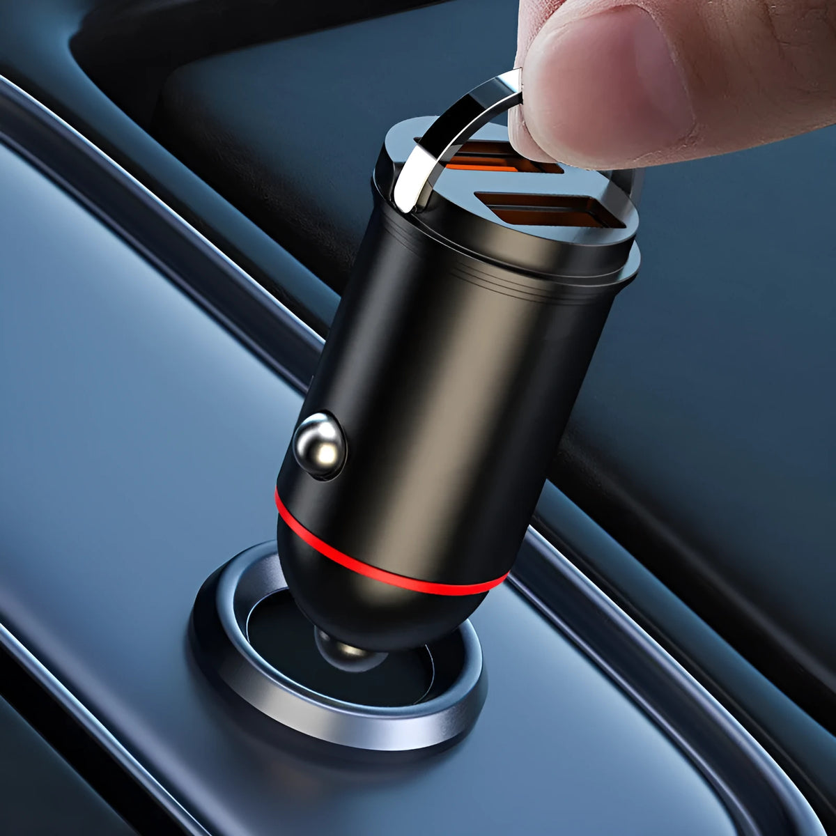 Black 200W Super Fast Car Charger with zinc alloy body and USB port