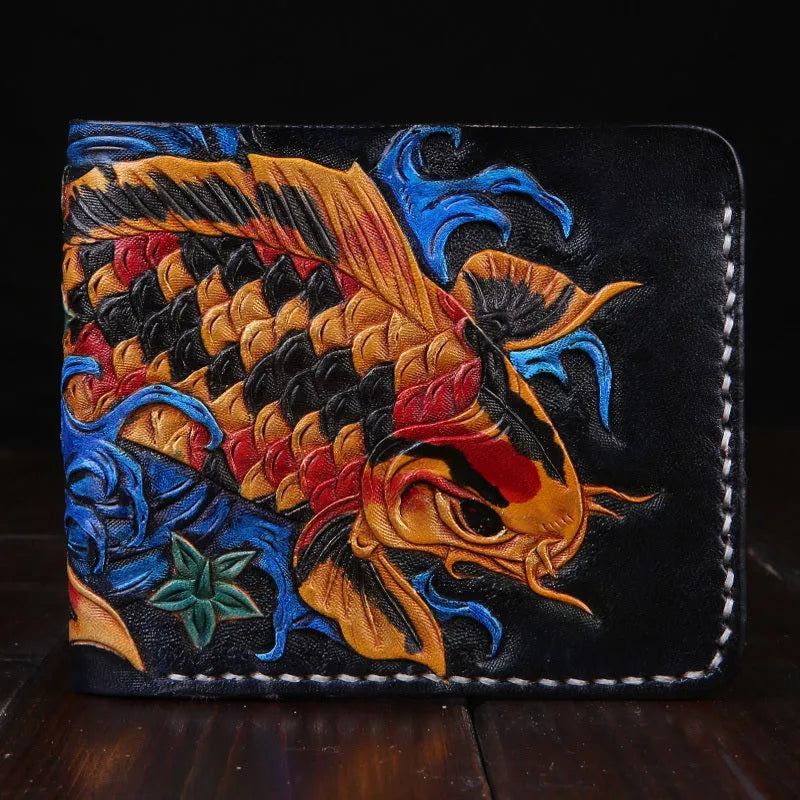 Hand-carved cow leather men's wallet in red colour showing open design and compact dimensions