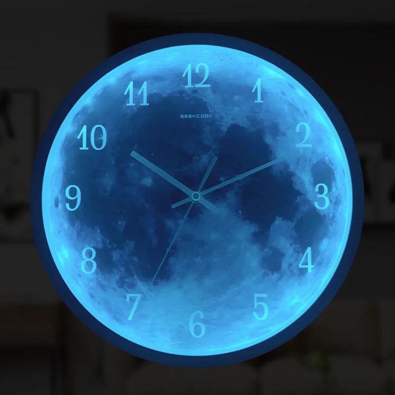 12-inch blue moon wall clock with metal frame, luminous silent movement, 30cm diameter, available in five colours