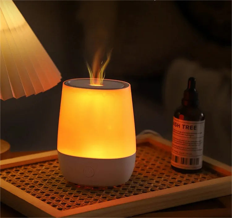 White USB aroma diffuser with simulated flame effect and humidifier function