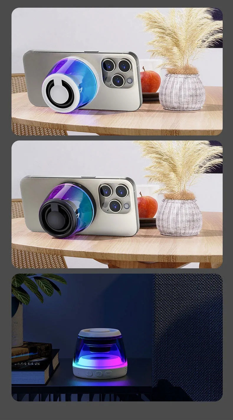 Compact white Bluetooth speaker with LED light on a magnetic base.