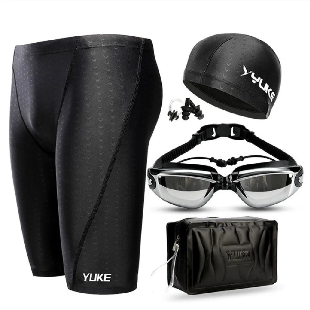 Men's black swimming set with polyester trunks, anti-fog goggles, waterproof cap and accessories