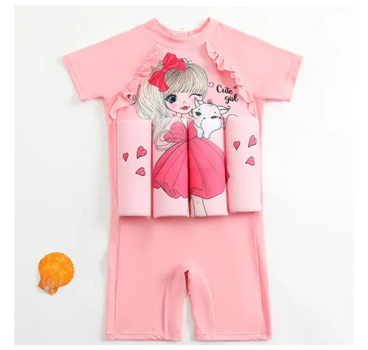 Child's unisex one-piece buoyancy swimsuit in a Korean-style plaid or cartoon print, designed for swimming pool education.