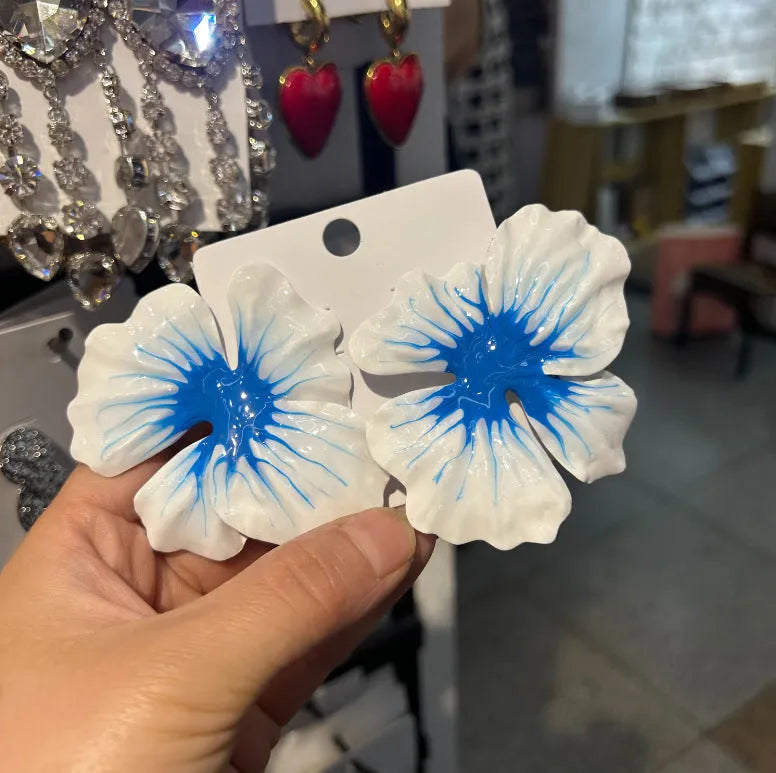 Alloy flower stud earrings with oil-spot glaze finish in blue, green, purple and rose colour options