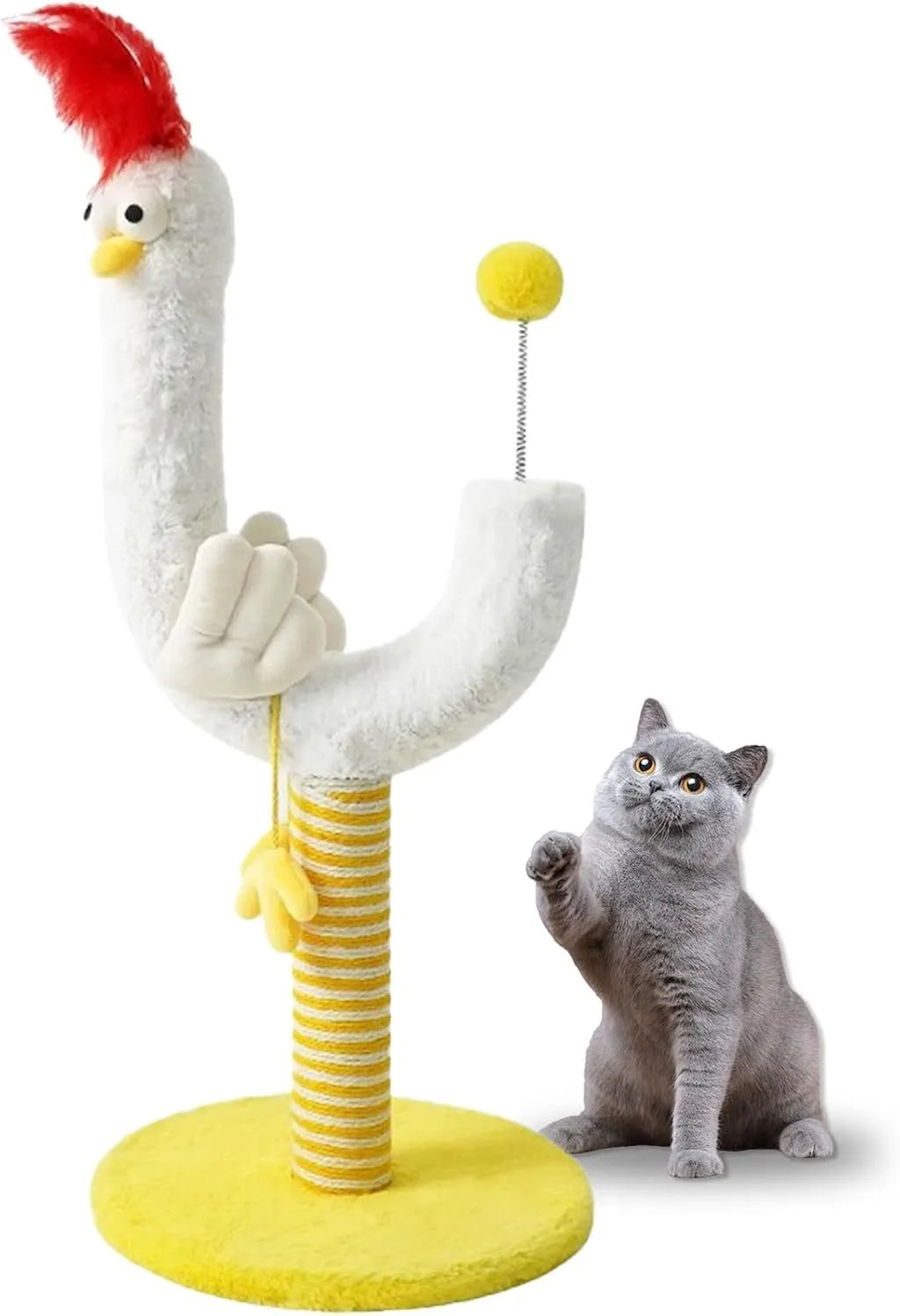 Yellow sisal rope vertical cat scratching post with U-shaped design and spring ball attachment