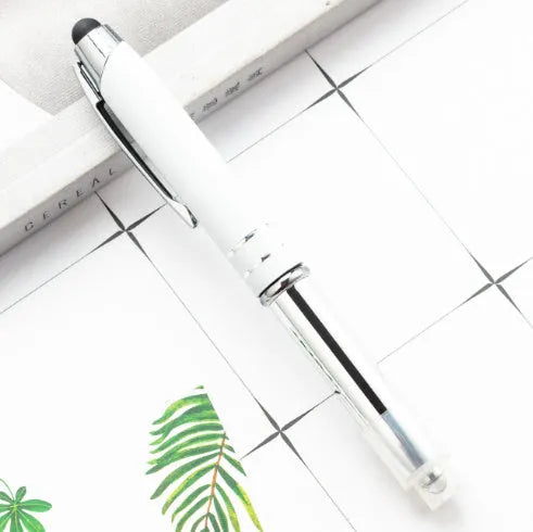 Red metal multifunctional stylus ballpoint pen with LED light and capacitive tip.