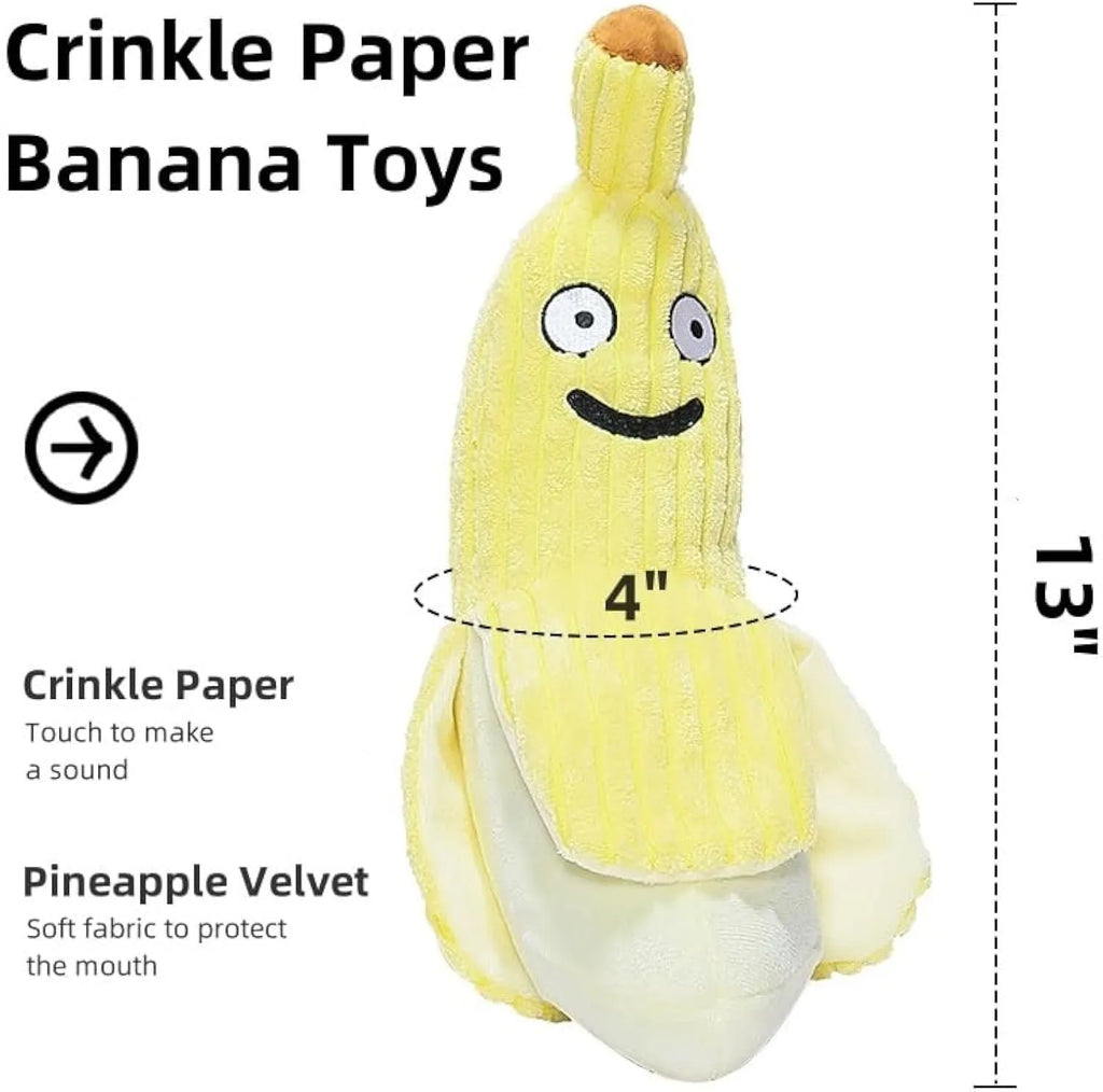 Yellow banana-shaped cat crinkle toy measuring 13 inches long with plush material