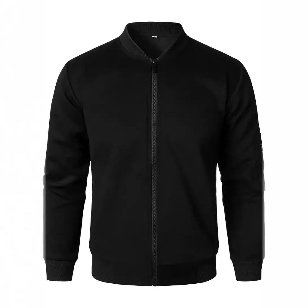 Men's loose fit cotton knitted jacket in light business style, shown in black, blue, or grey.