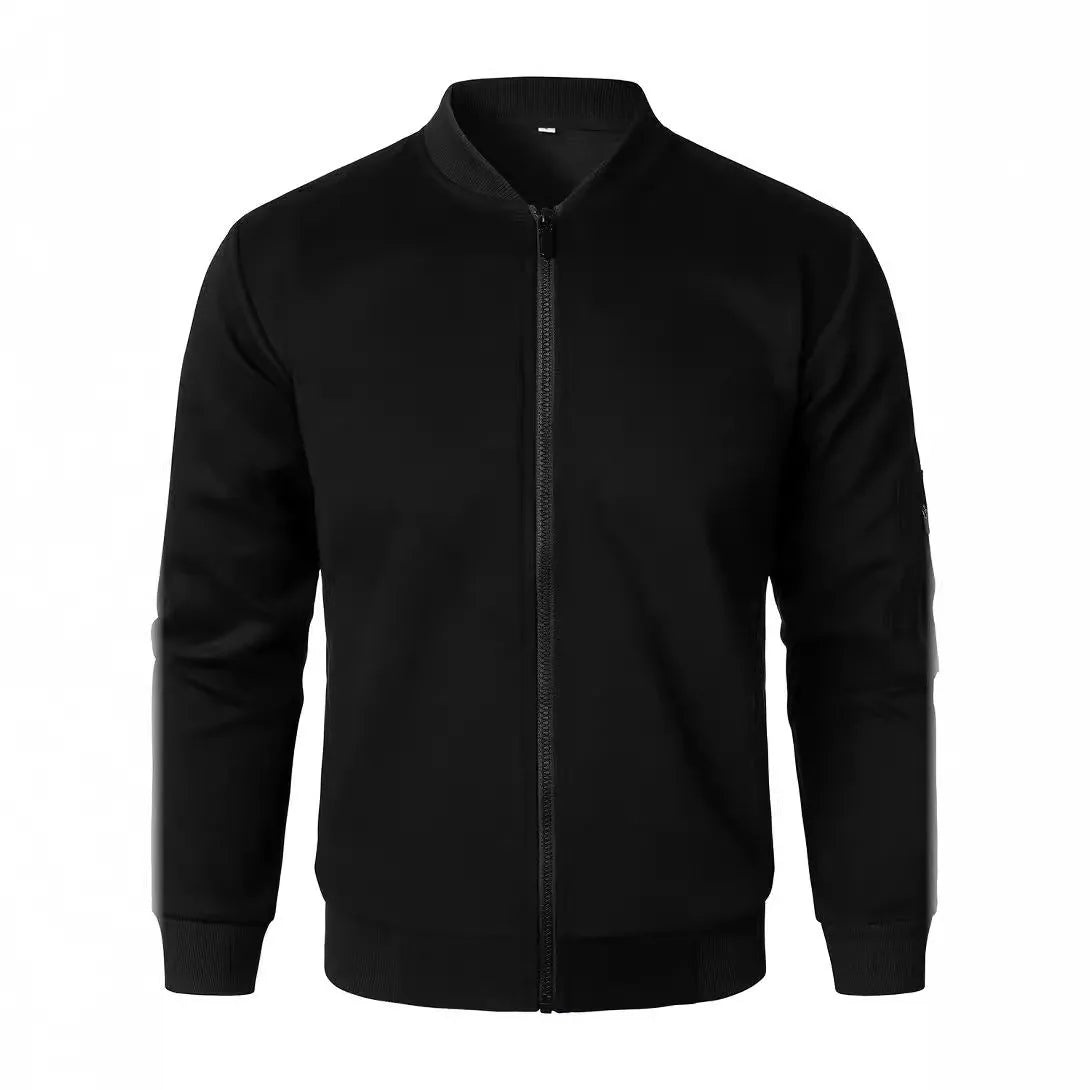 Men's loose fit cotton knitted jacket in light business style, shown in black, blue, or grey.