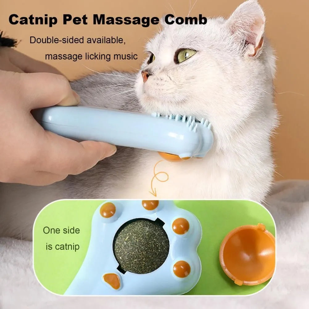 Cartoon-shaped cat toy and massage comb with comb teeth and a dust-proof cover, shown in assorted colours.