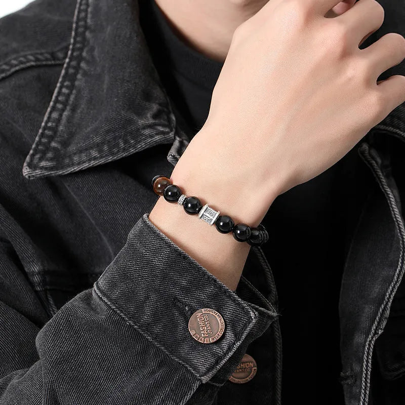 Pure silver obsidian six-word mantra bracelet with hand-woven construction and prayer wheel beads