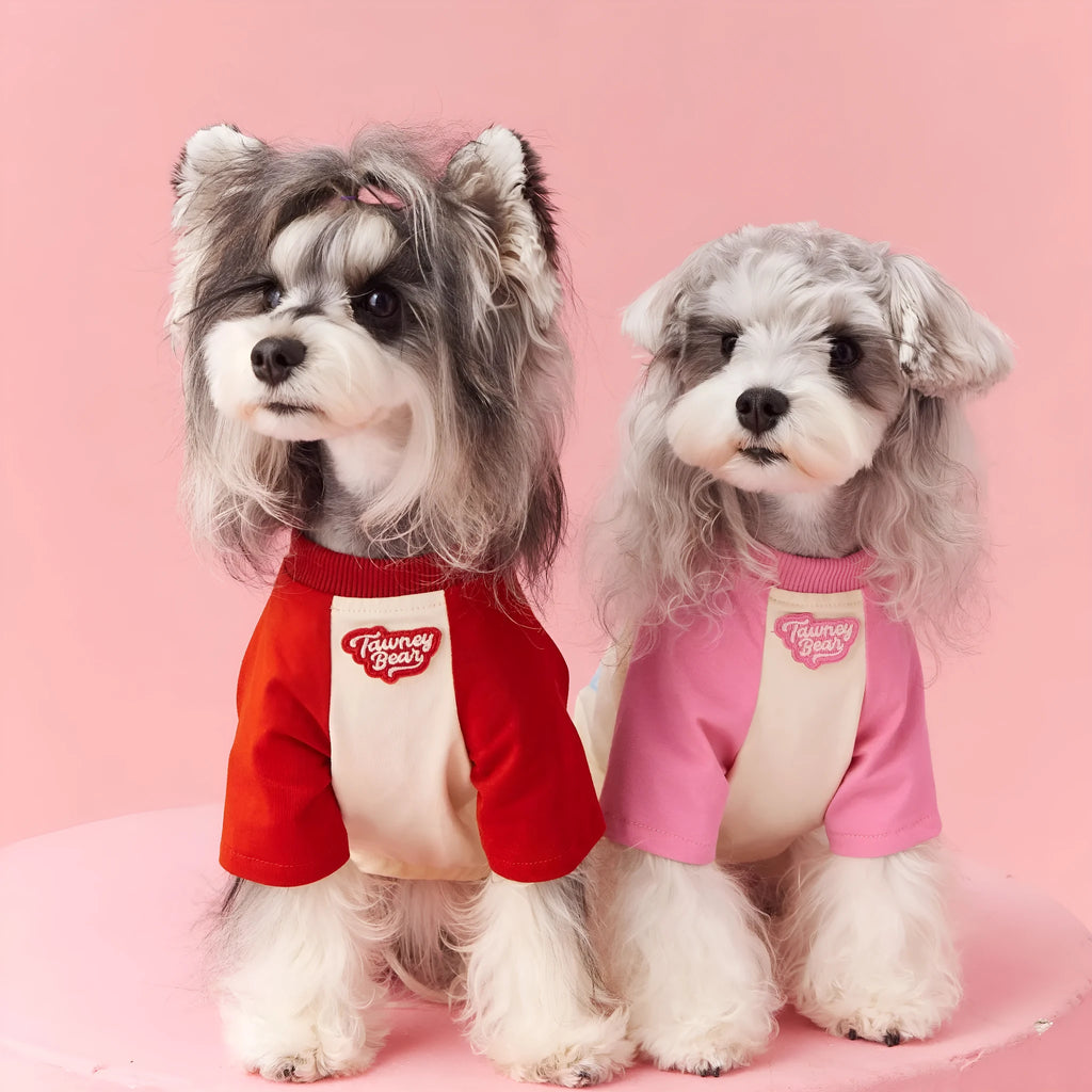 Cotton dog summer clothes with embroidery in red or pink colour options