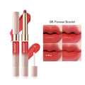 Double-headed lipstick and lip gloss cosmetic product showing matte and glossy ends with 10 colour shade options