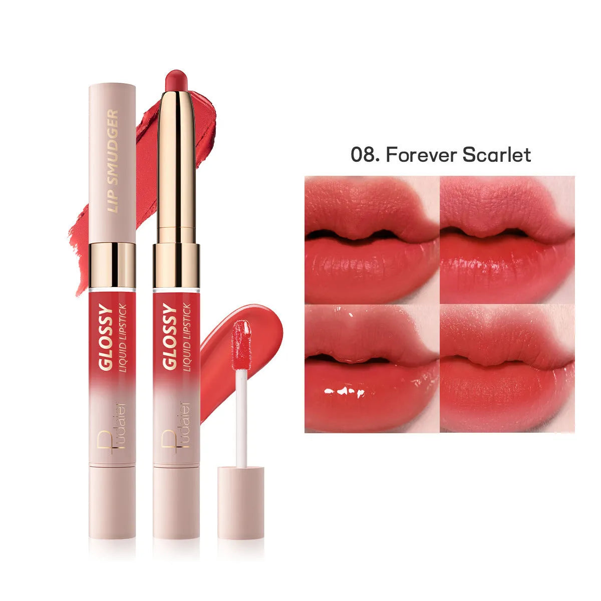Double-headed lipstick and lip gloss cosmetic product showing matte and glossy ends with 10 colour shade options