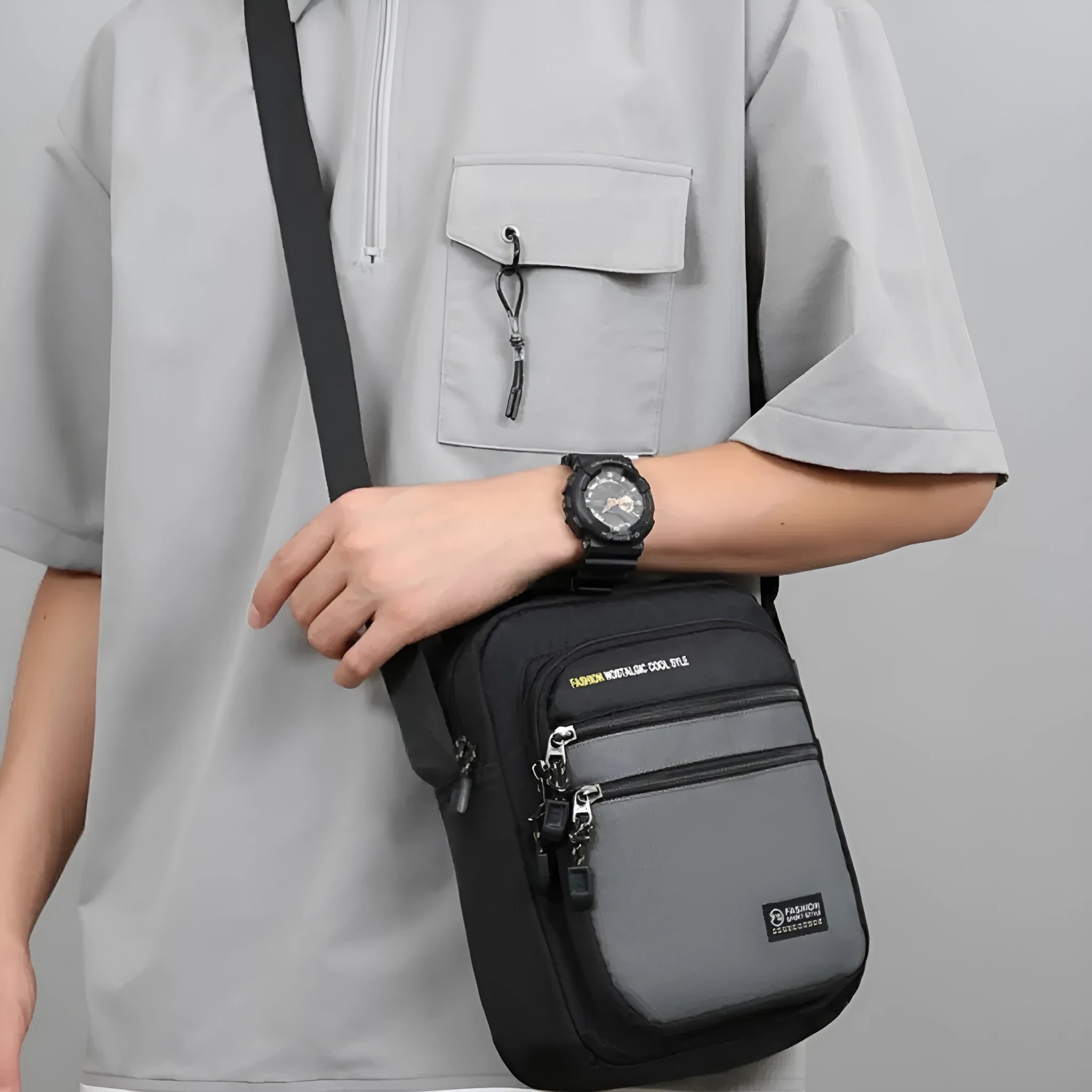 Men's nylon crossbody bag in green, shown with multiple pockets and adjustable shoulder strap.