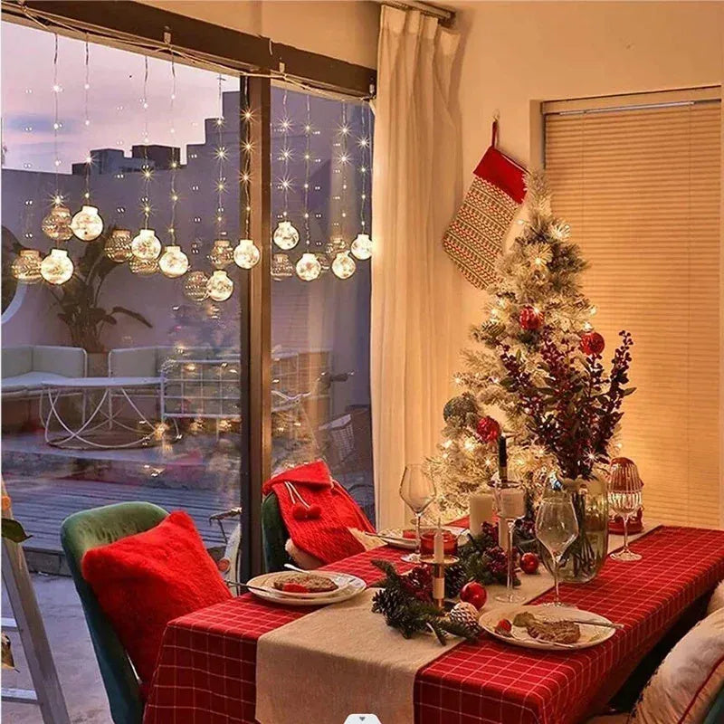 LED Christmas curtain lamp string with 10 fairy light bulbs featuring snowman and Christmas tree decorations