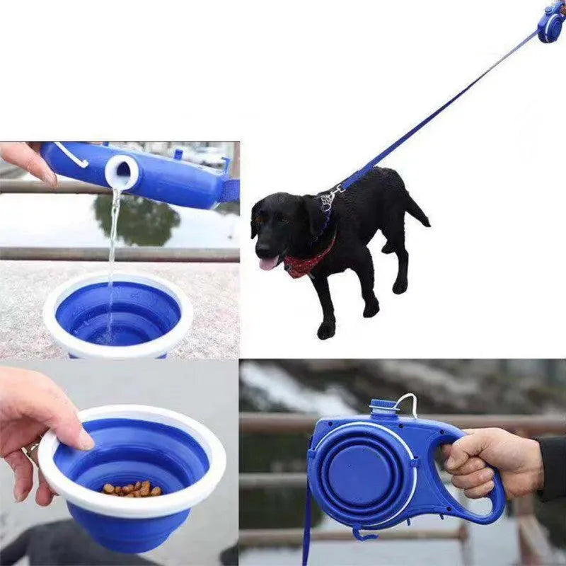 Retractable dog lead with built-in water bottle in blue, black or red, made from ABS with automatic telescopic rope
