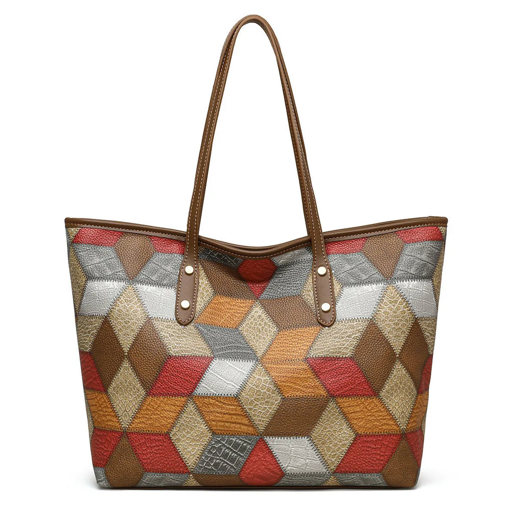 Blue brown women's PVC shoulder handbag with large capacity and outer pockets.