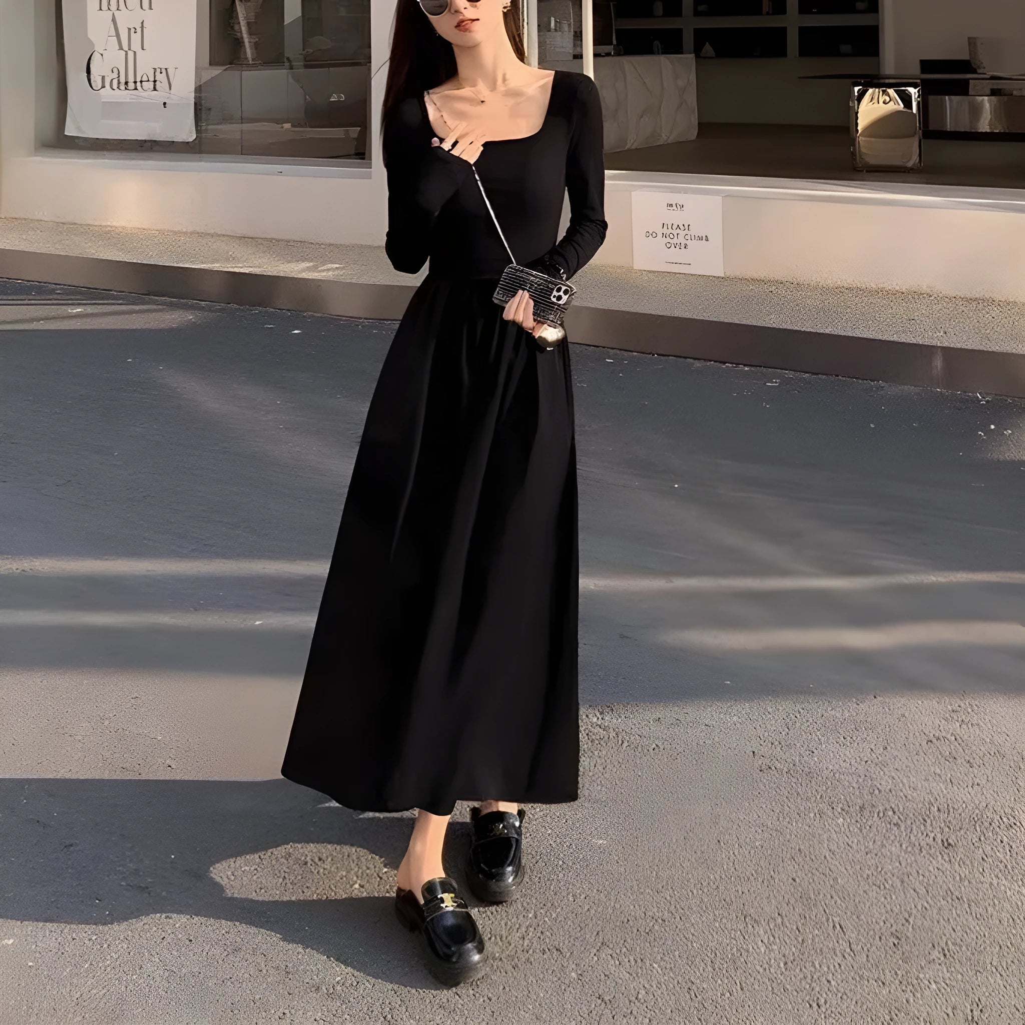 Women's square collar knitted dress with elastic waist and a-line long skirt