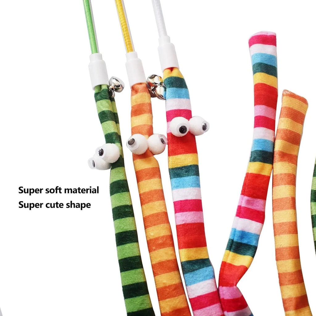 Cat teaser wand toy with a long plush strip and bell on a polycarbonate pole.