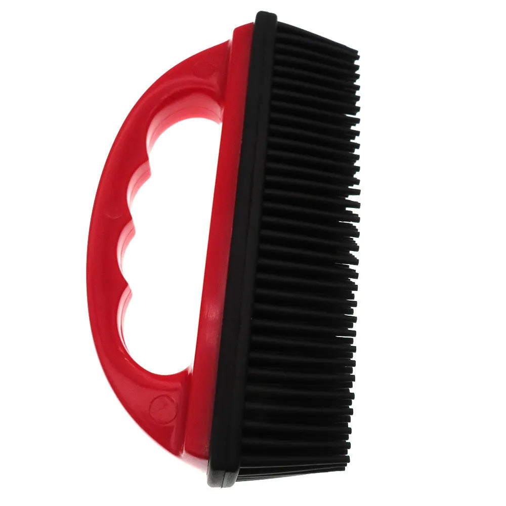Red silicone pet hair removal brush with rubber bristles for grooming and cleaning