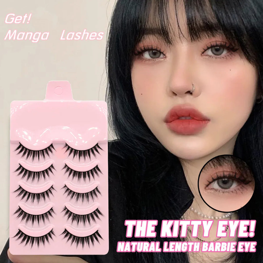 Set of manga-style false eyelashes showing natural wispy styles 007, 008, and 009 on black plastic bands.