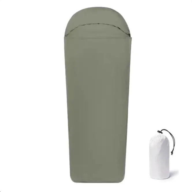 Blue mummy-type nylon camping sleeping bag for adults showing portable design