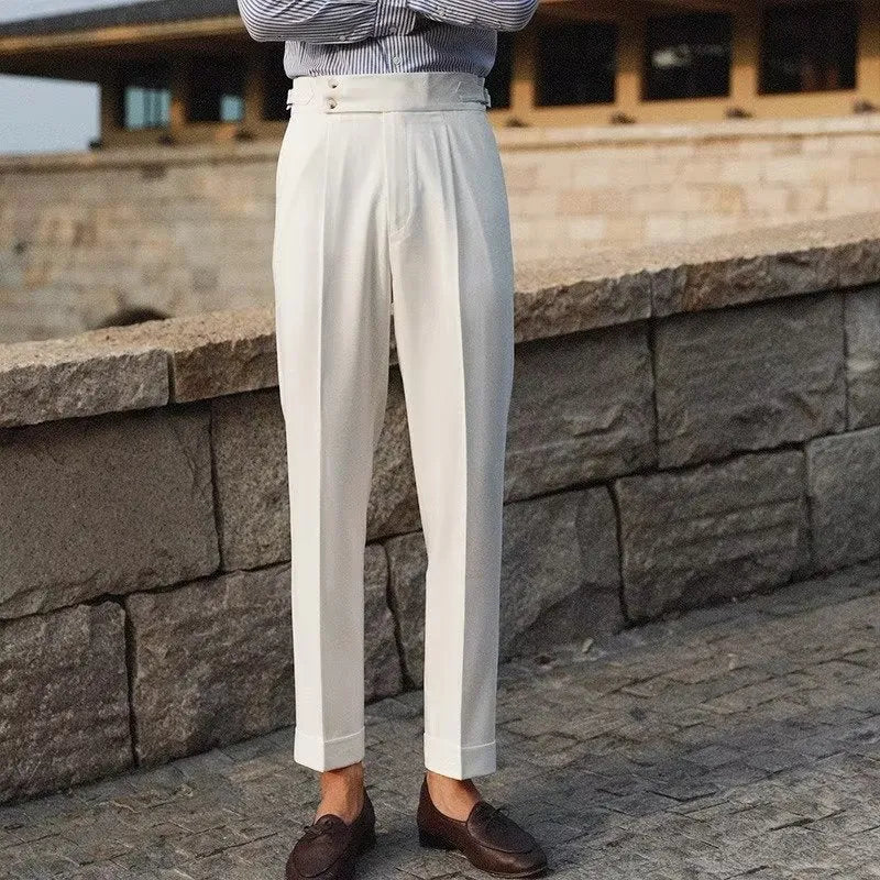 Men's slim fit straight leg suit trousers in black white and apricot for business formal wear