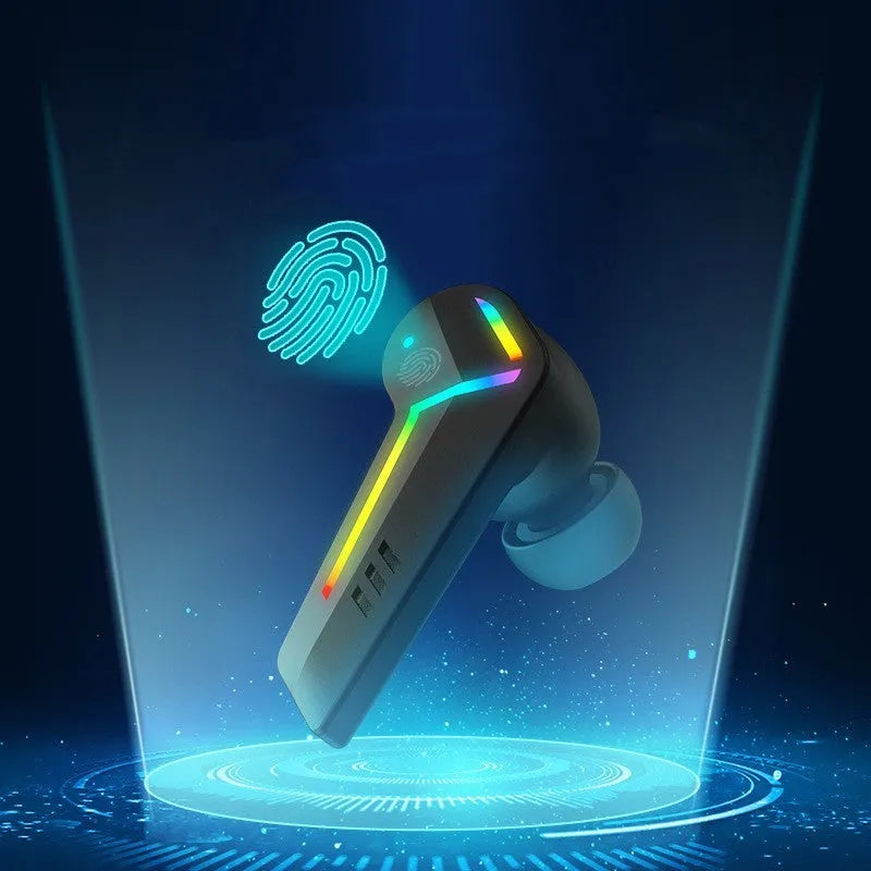 Small black TWS Bluetooth gaming headset with earplug design