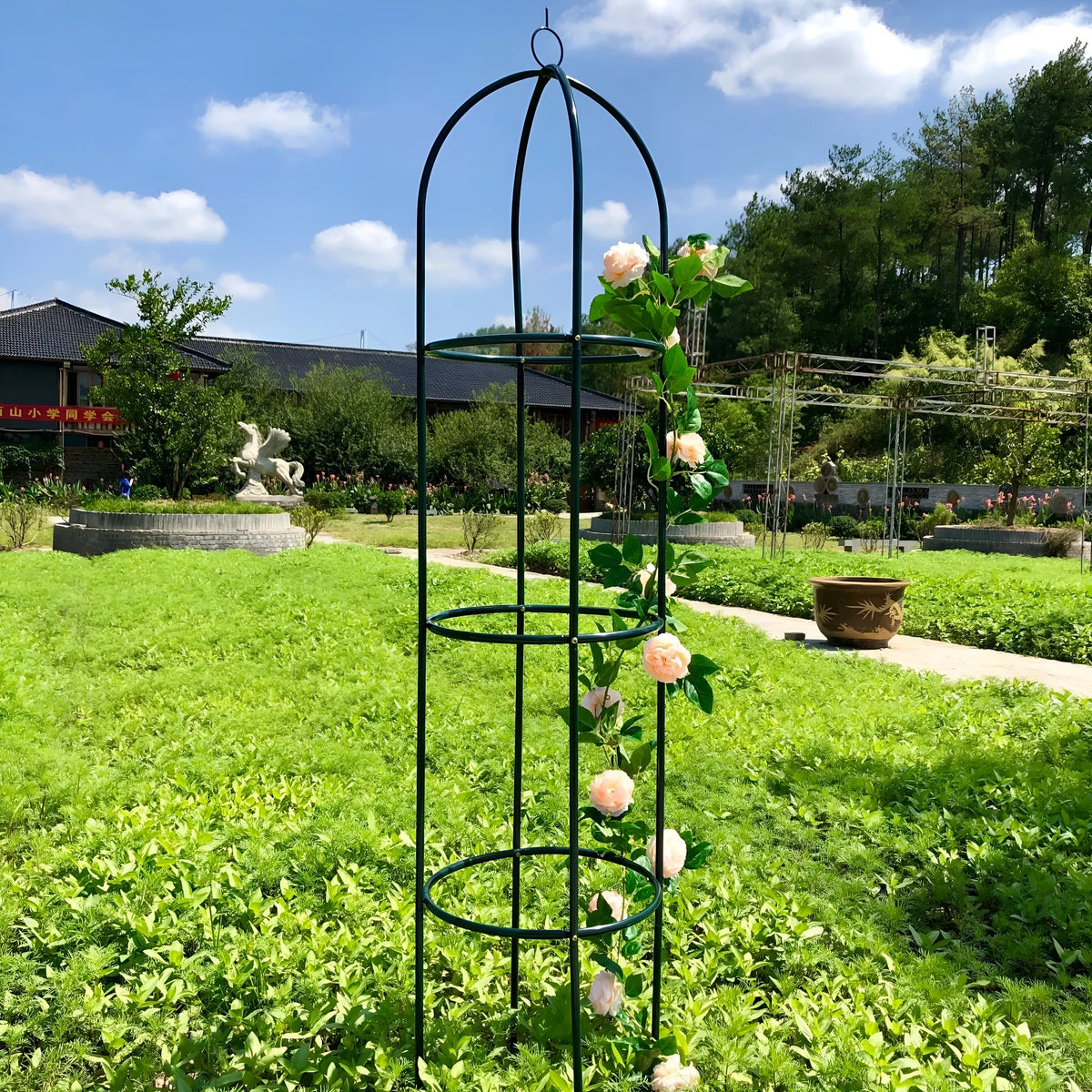 Dark green iron plant climbing frame with lattice design for indoor vine support