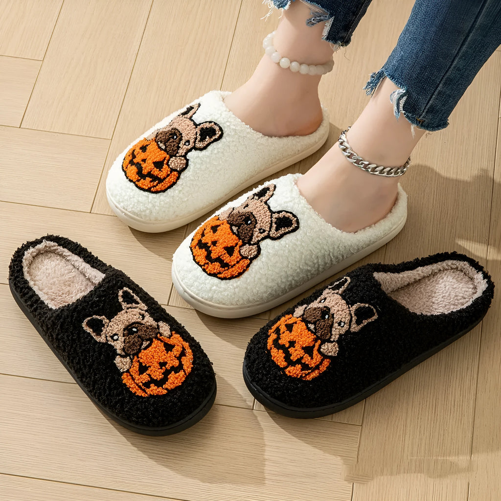 Halloween pumpkin pattern plush slippers with TPR rubber soles in black and white colour options